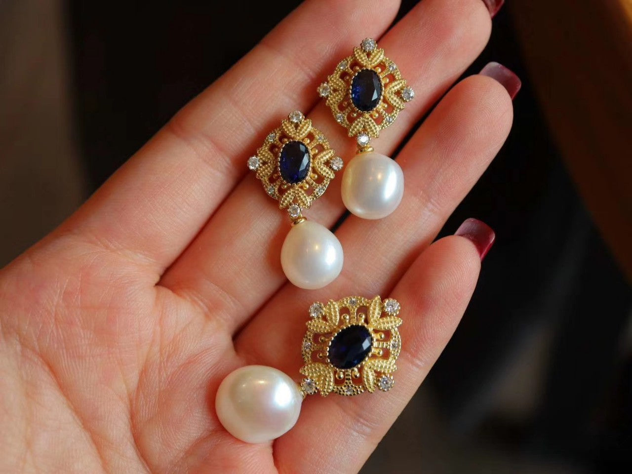 Baroque Dangle Pearl Necklace with Blue Oval Zicon, Gold Plated Sterling Silver