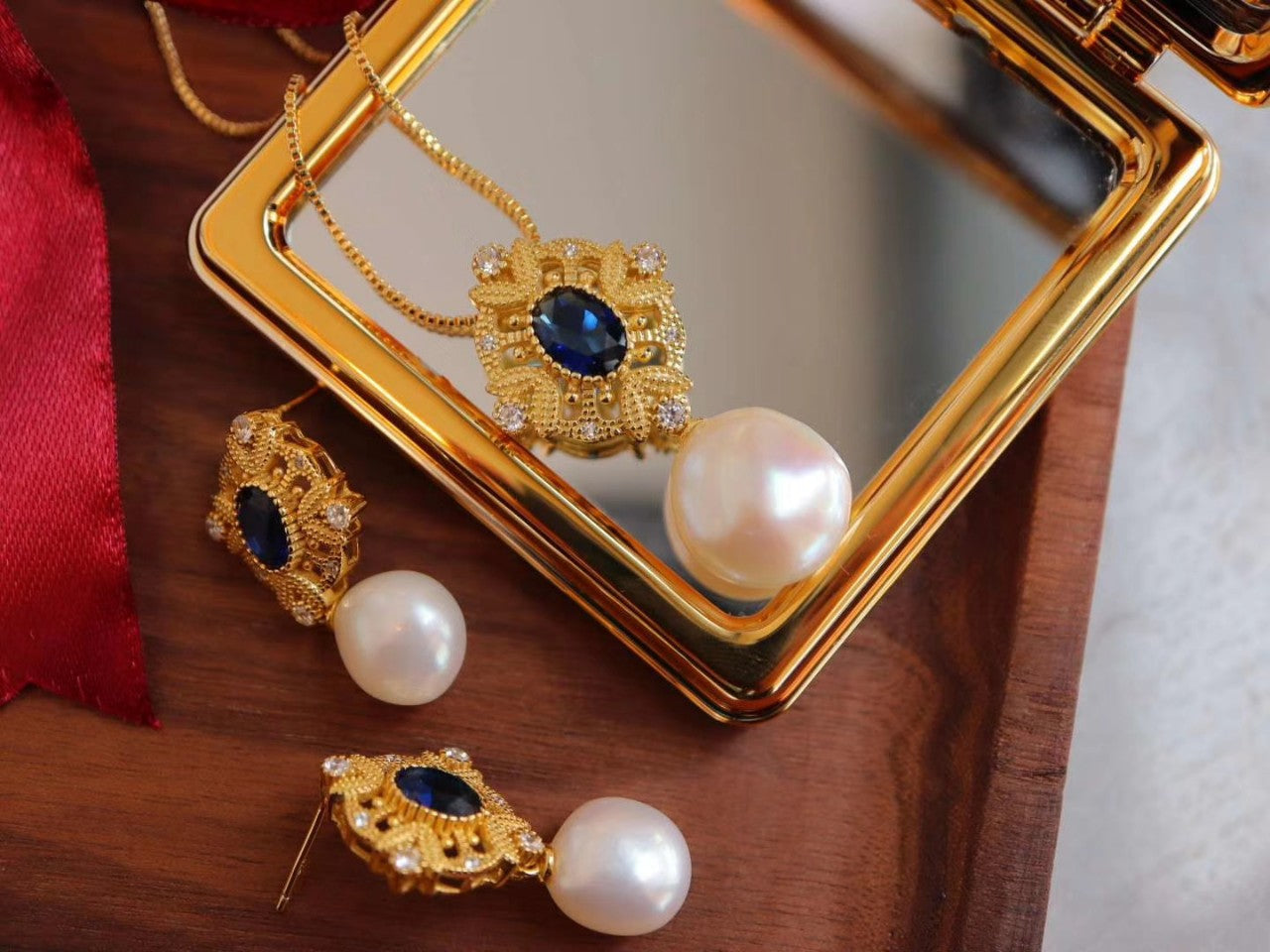 Baroque Dangle Pearl Necklace with Blue Oval Zicon, Gold Plated Sterling Silver