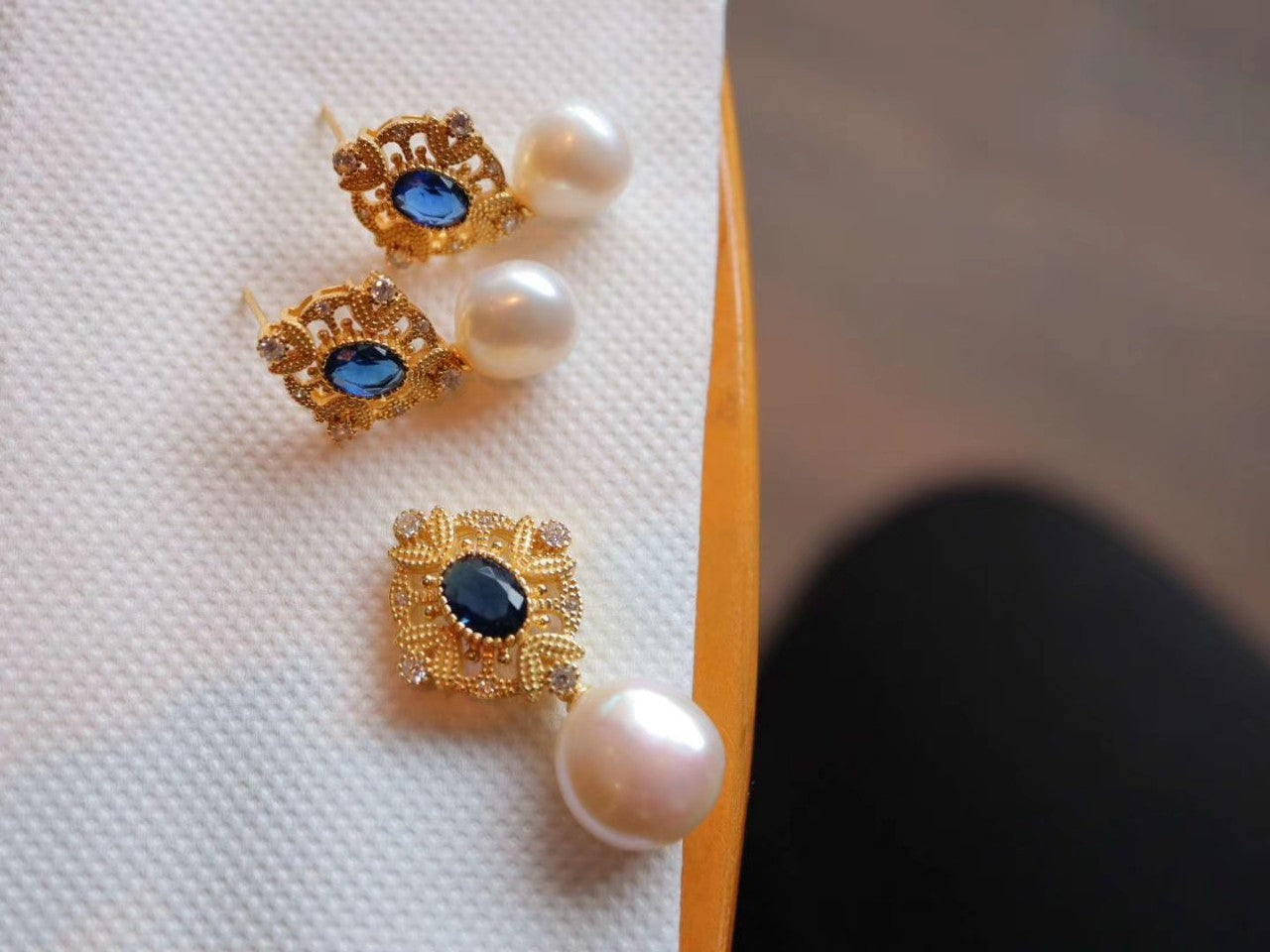 Baroque Dangle Pearl Necklace with Blue Oval Zicon, Gold Plated Sterling Silver