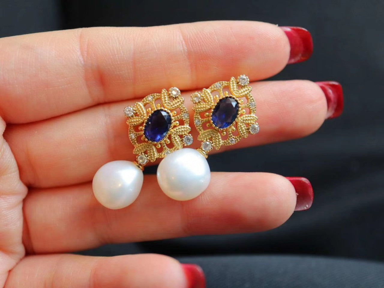 Baroque Dangle Pearl Necklace with Blue Oval Zicon, Gold Plated Sterling Silver