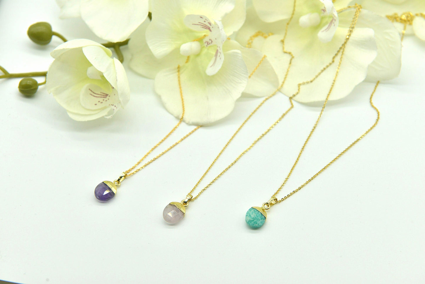 Handmade Natural Gemstone Necklace/Rose quartz pendent/Amethyst necklace/Amazonite necklace