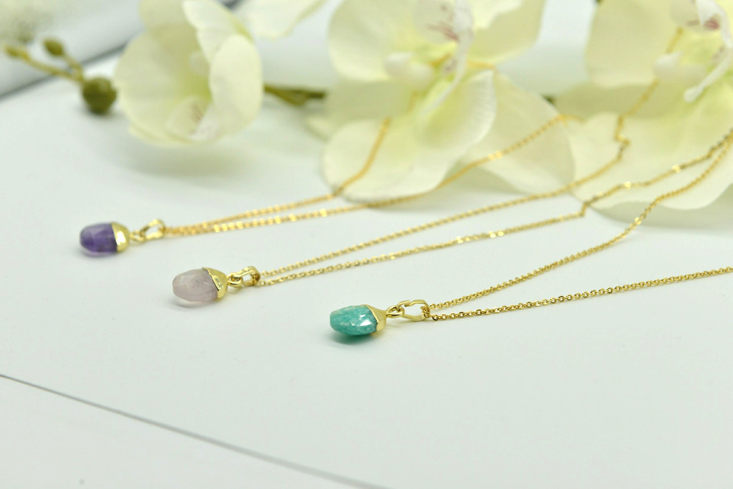 Handmade Natural Gemstone Necklace/Rose quartz pendent/Amethyst necklace/Amazonite necklace