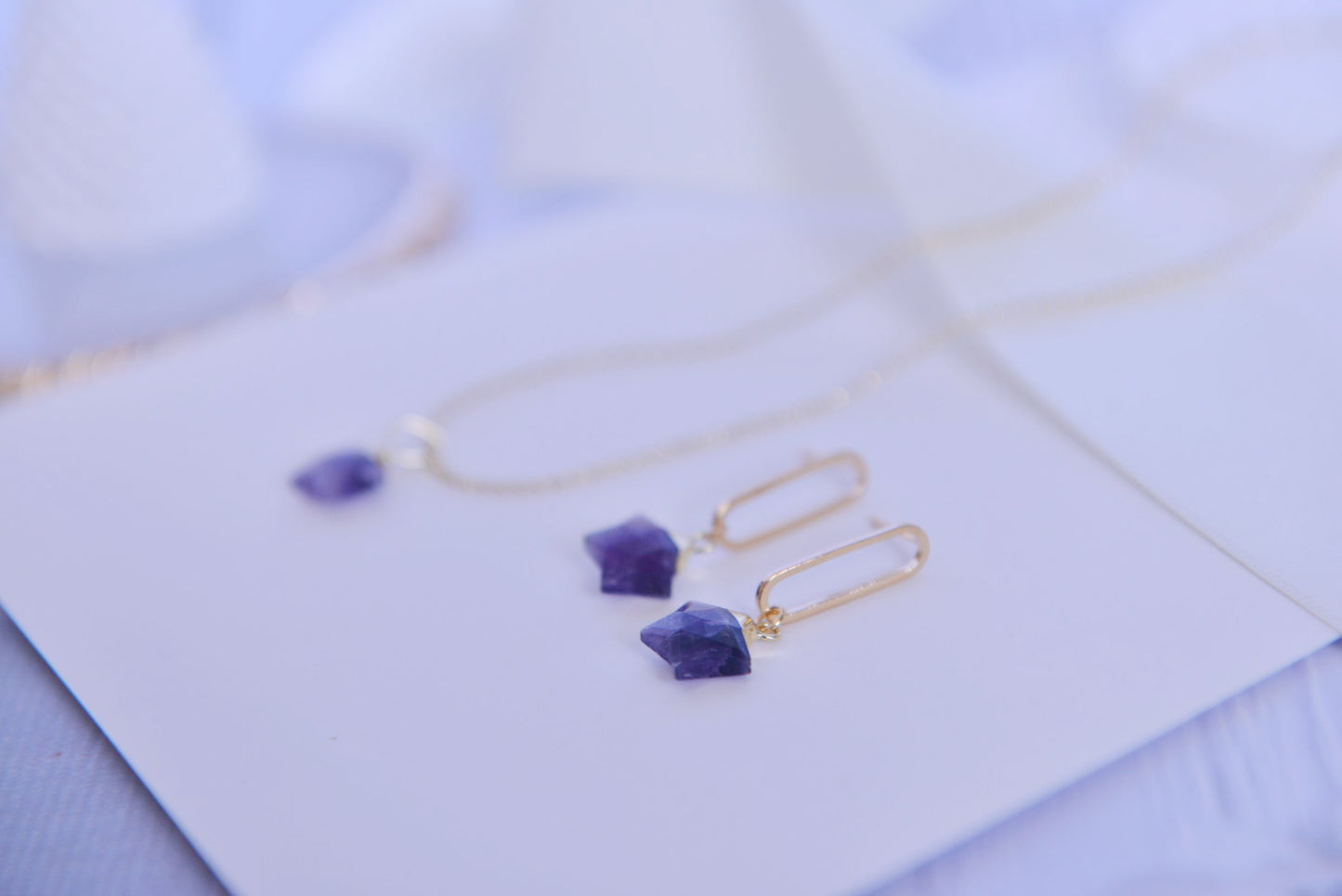 Handmade Natural Gemstone Jewelry Set/Real Crystal /Star Earring/ Amethyst Earring/Amethyst Necklace/