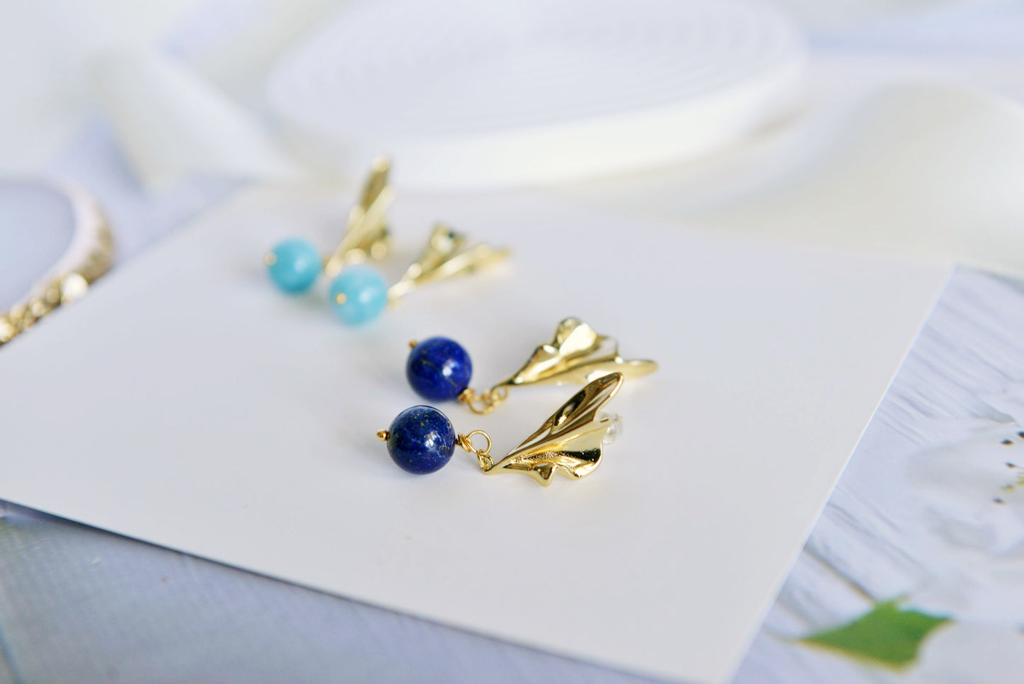 Handmade Natural Gemstone/ Real Crystal Earrings/Lapis Lazuli Stone Earrings/Aquamarine stone earrings/Water Ripples Earrings/