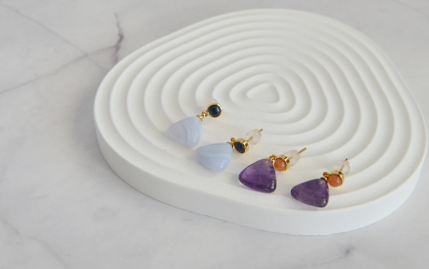 Handmade Natural Gemstone/Real Crystal Earrings/Dropping Earrings/Amethyst Earrings/Triangle Earrings/Blue Lace Agate Earrings