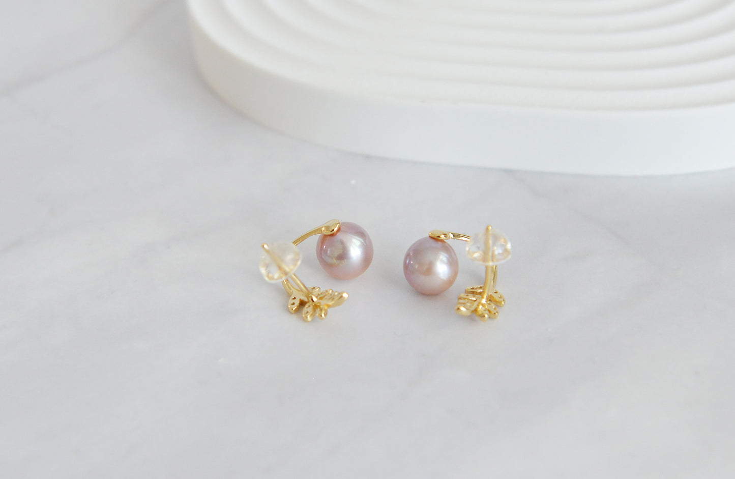 Natural Pearl on Olive Leaves Stud Earrings, 18K Gold Plated Sterling Silver, Pearls Wedding Earrings/Dainty Purple Pearls Earrings/