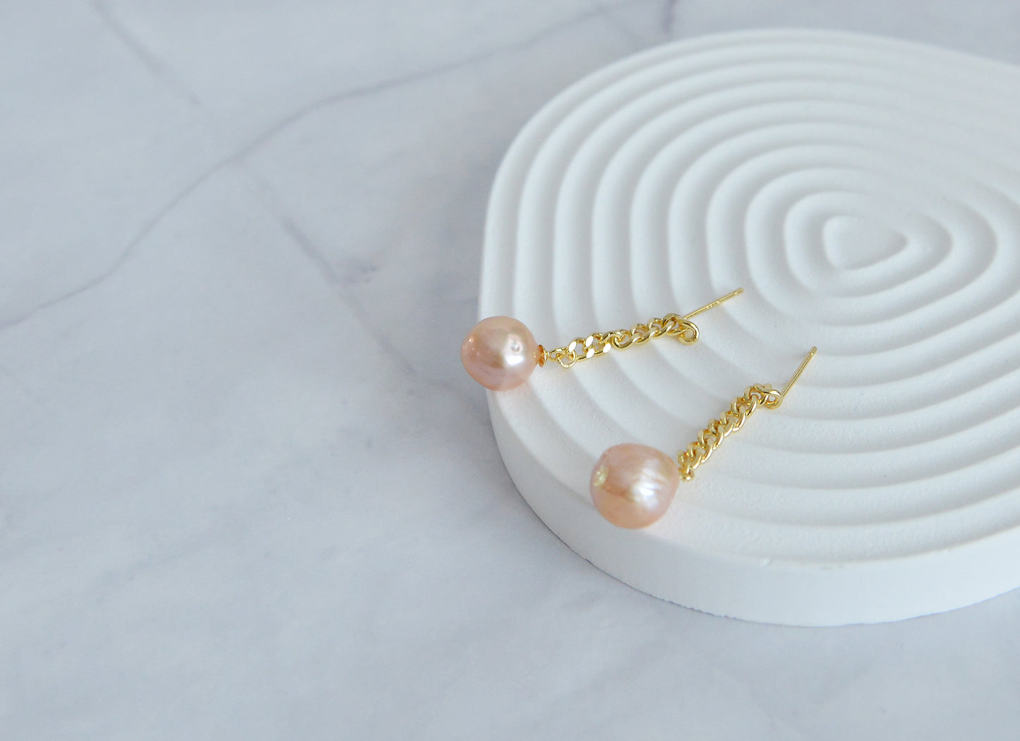 Handmade Natural Pearl Gold Chain Drop Earrings, 18K Gold Plated Sterling Silver, Pearls Wedding Earrings/Dainty Orange Pearls Earrings/