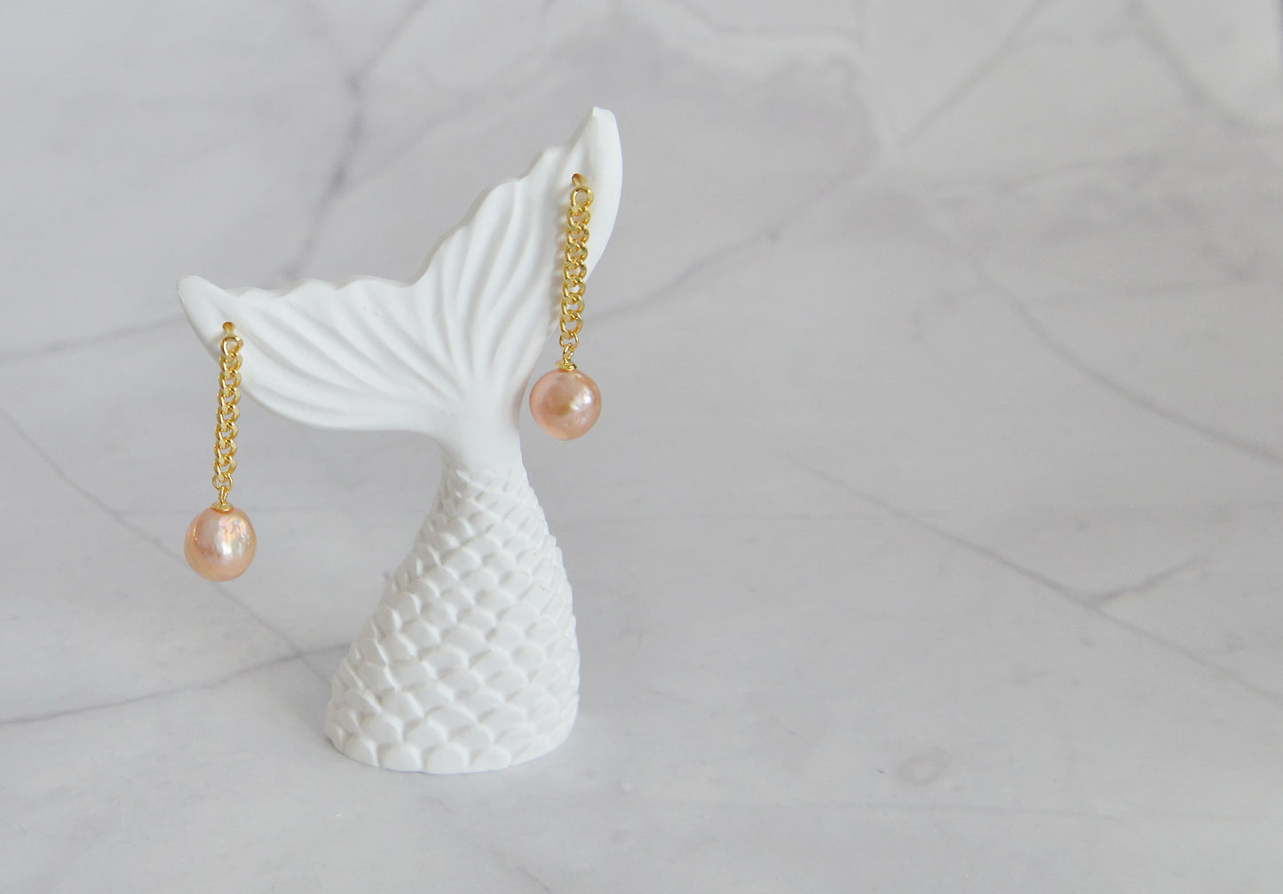 Handmade Natural Pearl Gold Chain Drop Earrings, 18K Gold Plated Sterling Silver, Pearls Wedding Earrings/Dainty Orange Pearls Earrings/