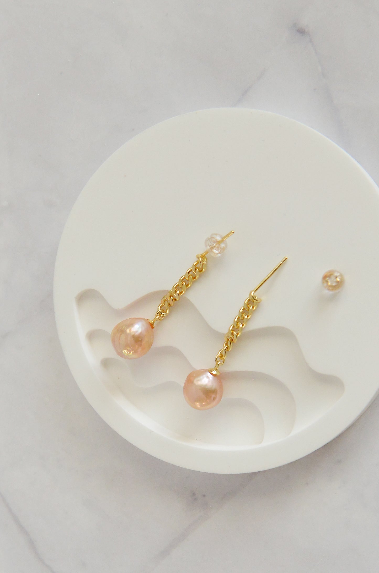 Handmade Natural Baroque Pearl Gold Chain Drop Earrings/Dainty Orange Pearls sterling silver Earrings/