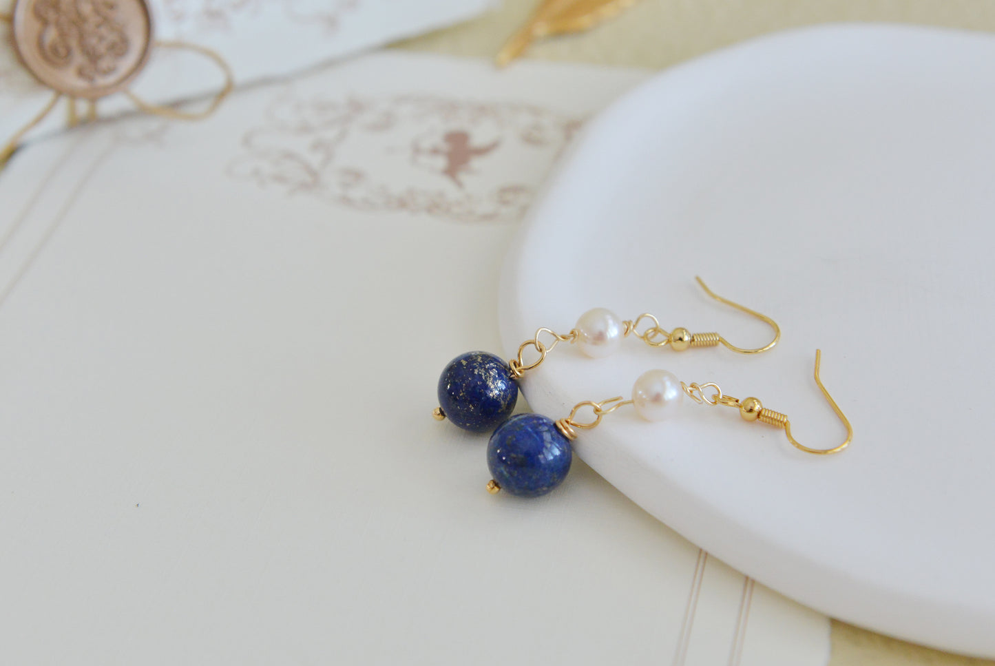 DIY Handmade natural gemstone earrings- lapis lazuli& Pearl Earrings