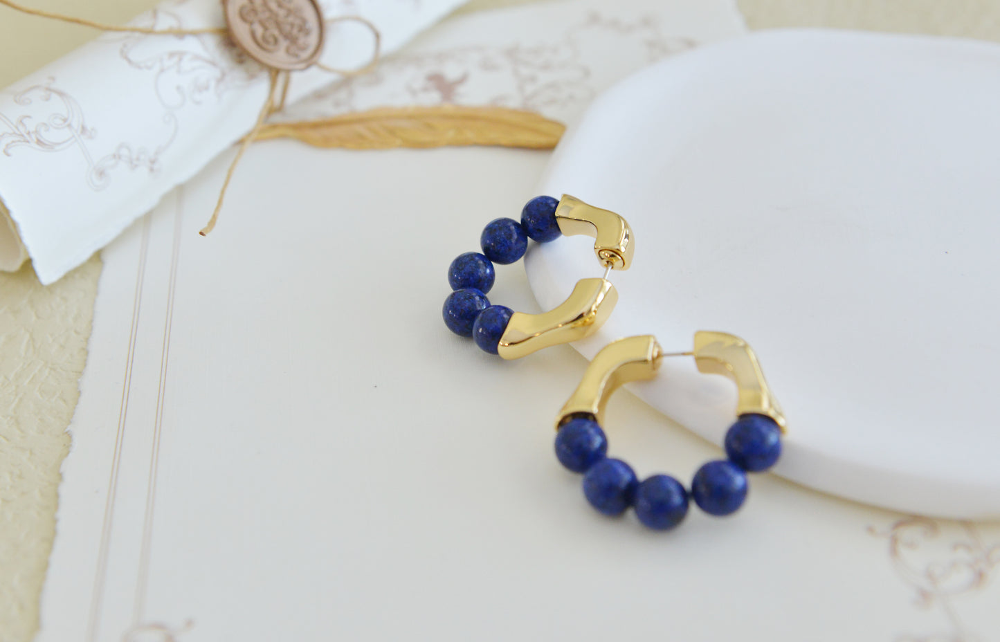Handmade Natural Gemstone/Lapis Lazuli Hoop Earrings/