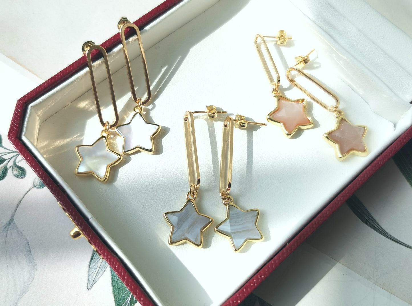 Handmade Natural Gemstone/Cute Star Earring /Rose Quartz earring/Blue lace agate earrings/white shell earrings/pin earrings,