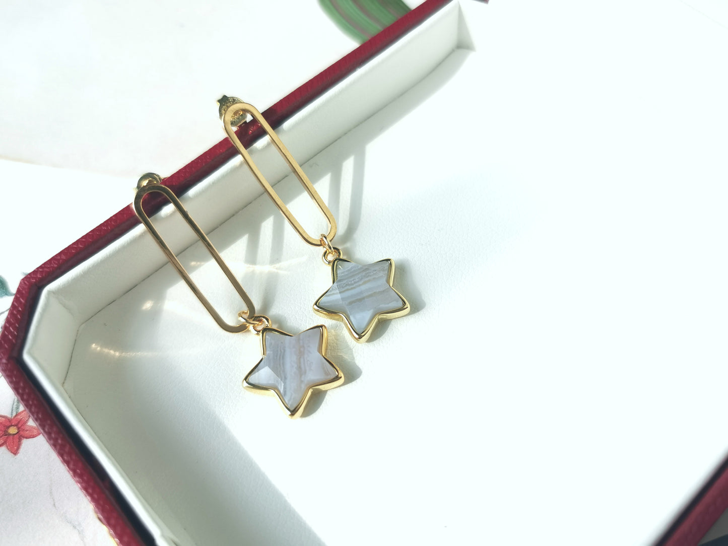 Handmade Natural Gemstone/Cute Star Earring /Rose Quartz earring/Blue lace agate earrings/white shell earrings/pin earrings,