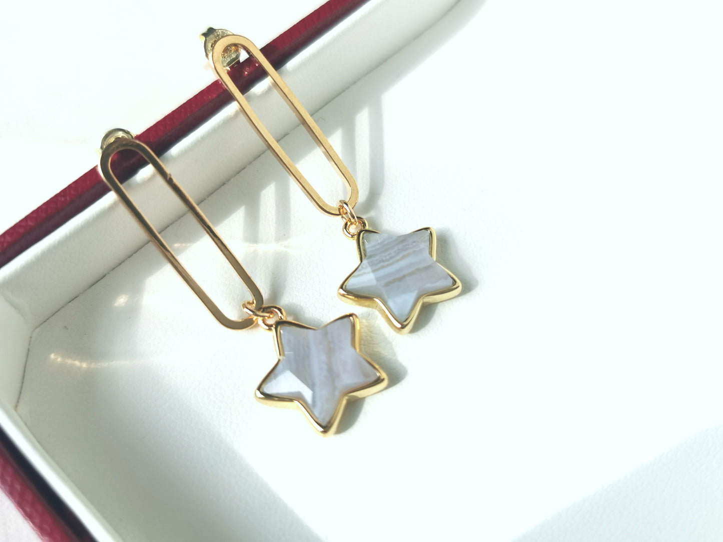 Handmade Natural Gemstone/Cute Star Earring /Rose Quartz earring/Blue lace agate earrings/white shell earrings/pin earrings,