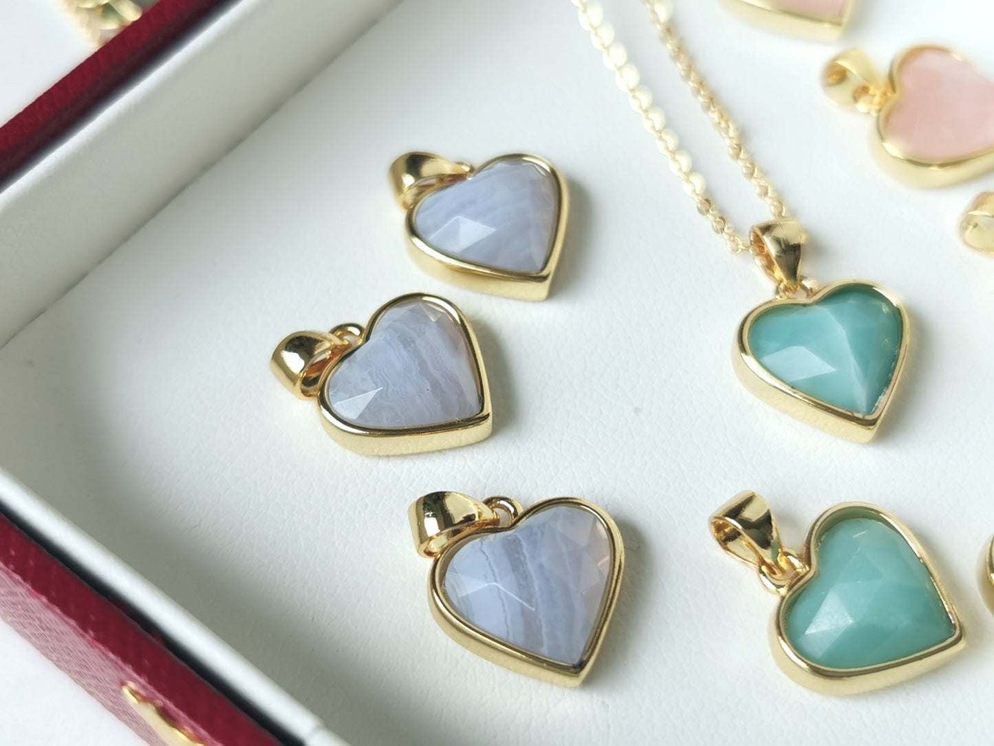 Handmade Natural Gemstone Necklace/ Heart Pendant Necklace/Rose Quartz Necklace/Amazonite Necklace/Blue Lace Agate Necklace/