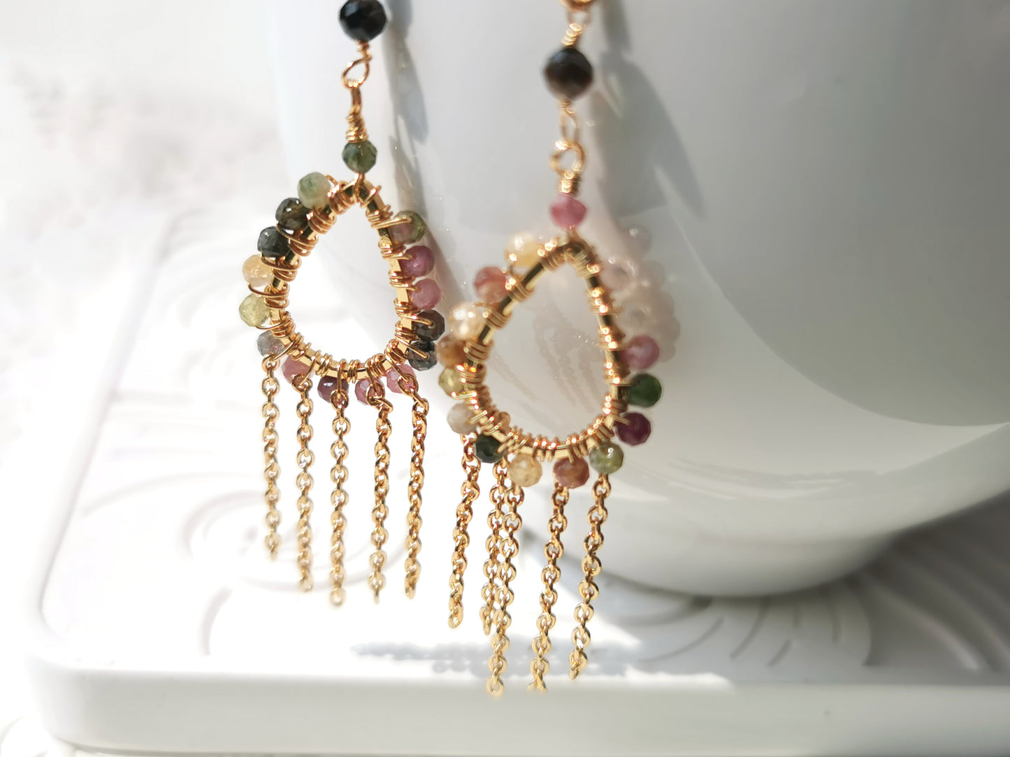 Handmade Natural Gemstone Earring/Real Crystal Earrings/Tourmaline Tassel Earrings
