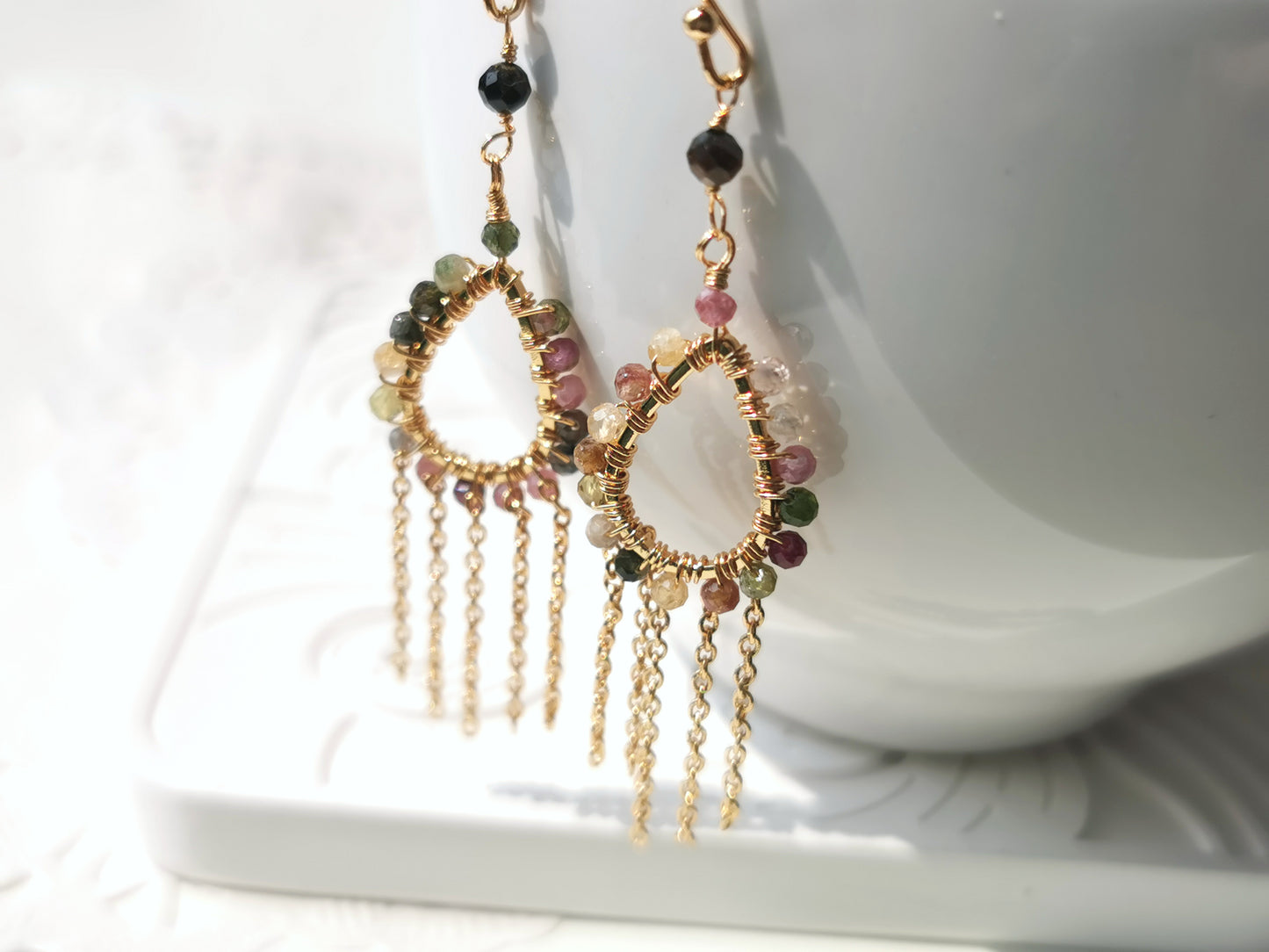 Handmade Natural Gemstone Earring/Real Crystal Earrings/Tourmaline Tassel Earrings