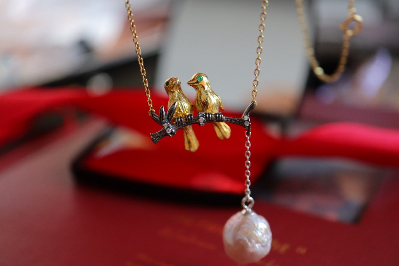 Lovely Birds with natural pearl Necklace Sterling Silver 925