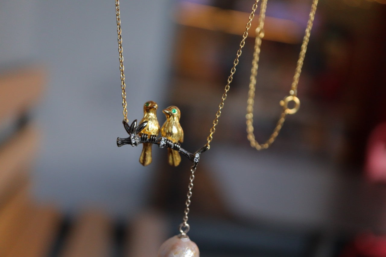 Lovely Birds with natural pearl Necklace Sterling Silver 925