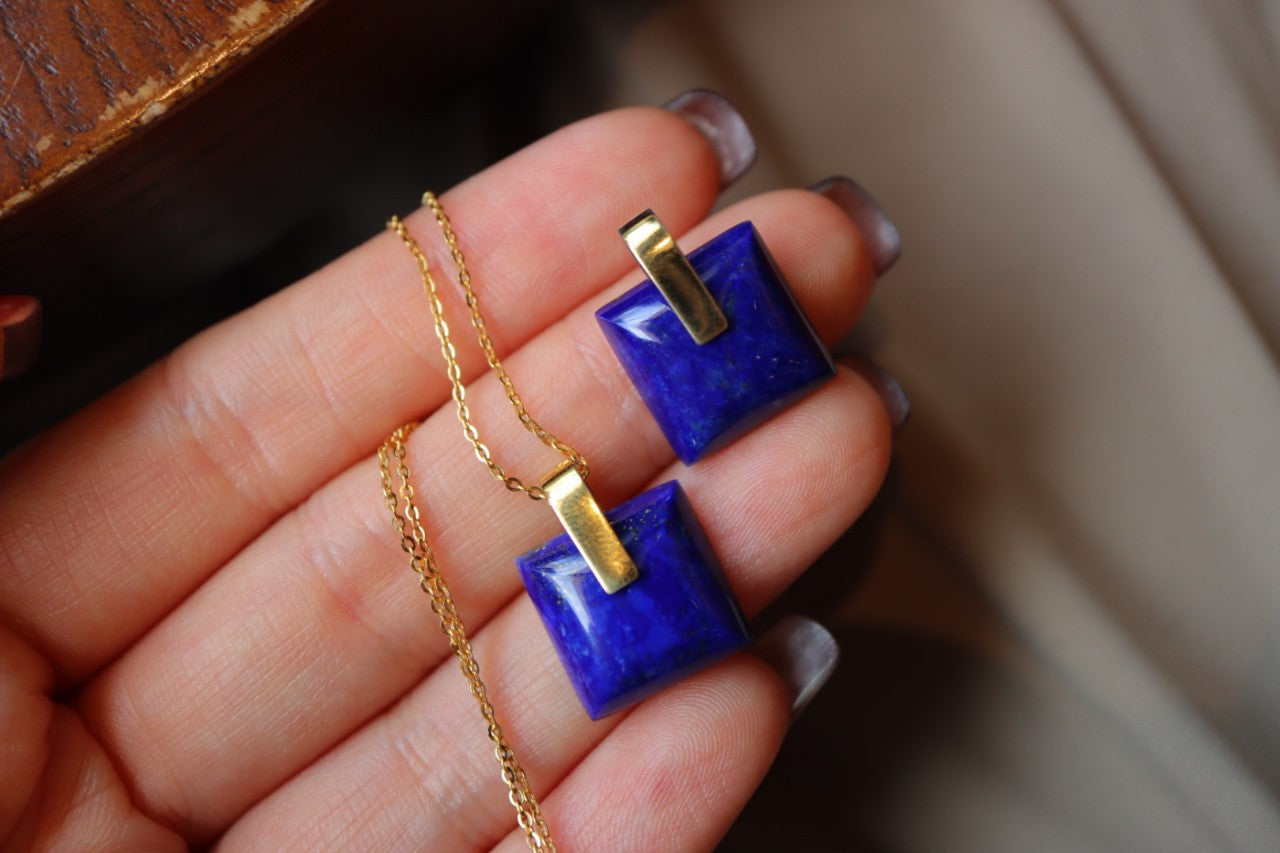 Vintage Sterling Silver Lazuli Stone Necklace/ Earrings