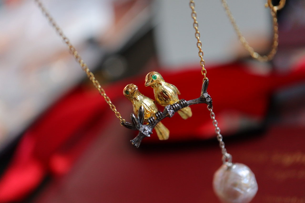 Lovely Birds with natural pearl Necklace Sterling Silver 925