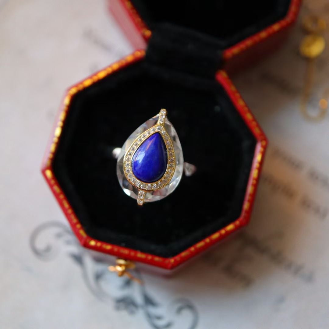Natural Gemstone Earring/Lapis Lazuli +White Crystal Drop Earrings / Sterling Silver /