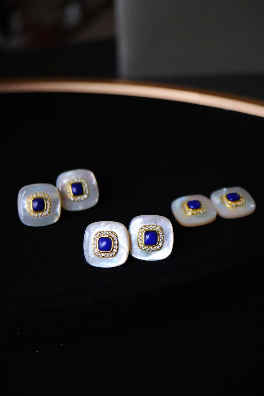 Lapis Lazuli +White Shell Stub Earrings / Sterling Silver /Blue Natural Gemstone Elegant design