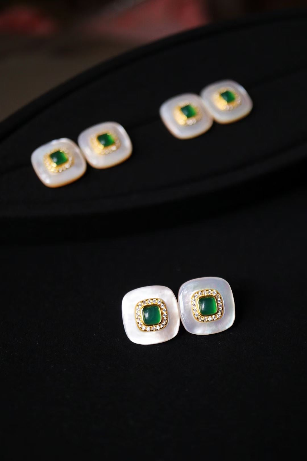 Natural Gemstone Earrings/Emeralds +White Shell Stub Earrings / Sterling Silver /Green Natural Gemstone Elegant design
