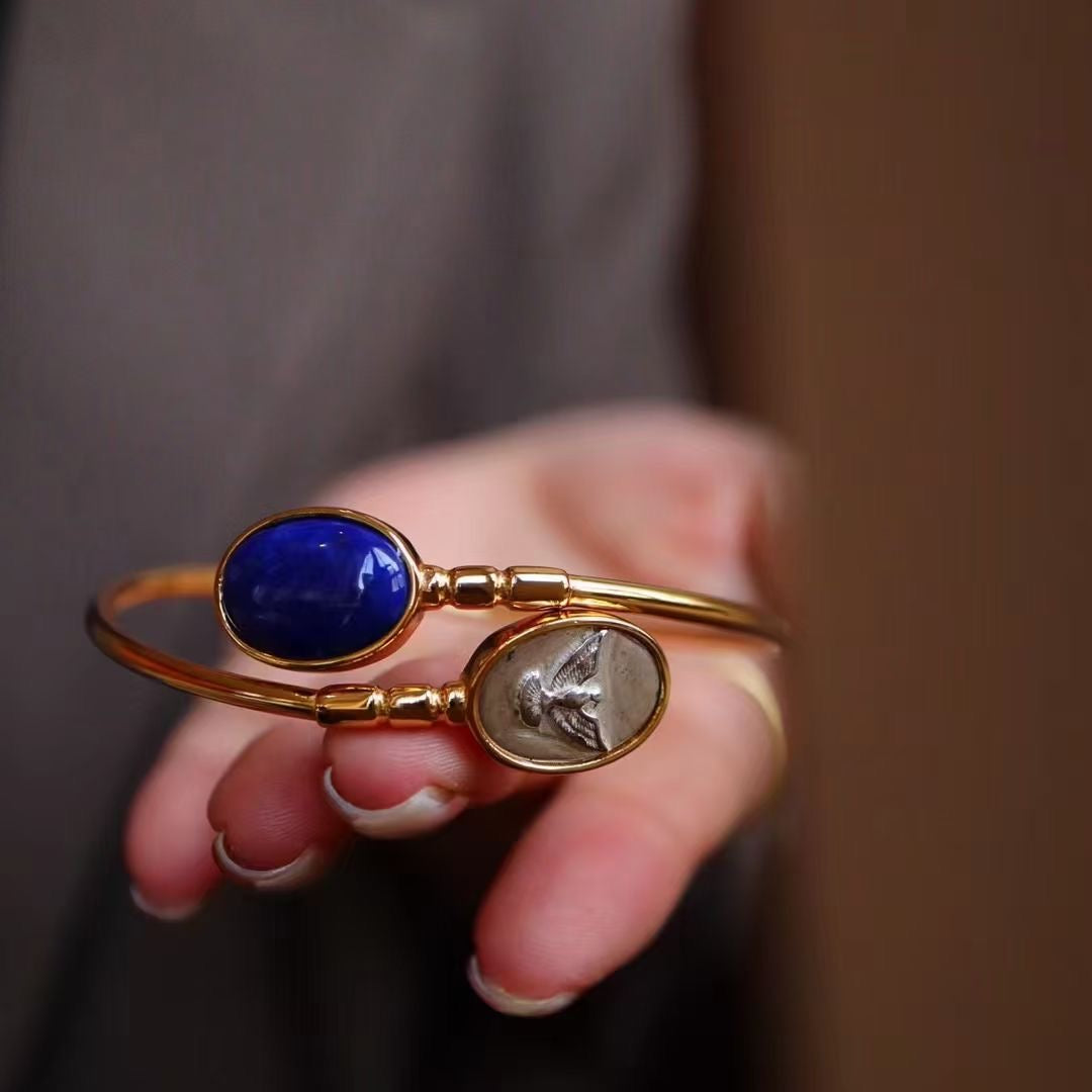 Natural Gemstone Bracelet/Lapis lazuli +Indian Eagle Ancient Coin Bracelet