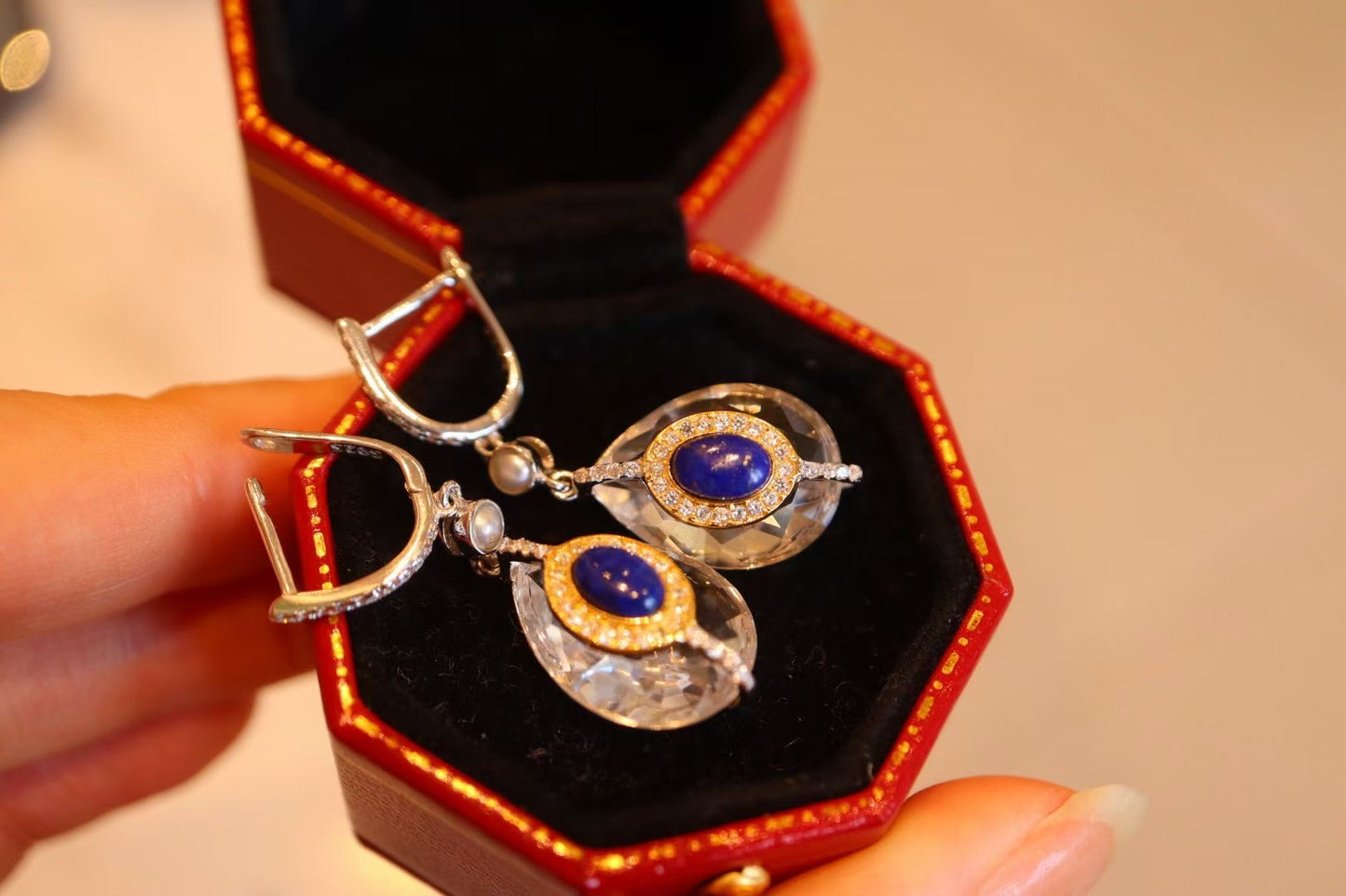 Natural Gemstone Earring/Lapis Lazuli +White Crystal Drop Earrings / Sterling Silver /