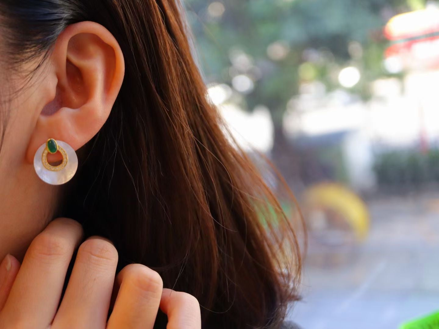 Natural Gemstone Earrings/Emeralds +White Shell Stub Earrings / Sterling Silver /Green Natural Gemstone Elegant design