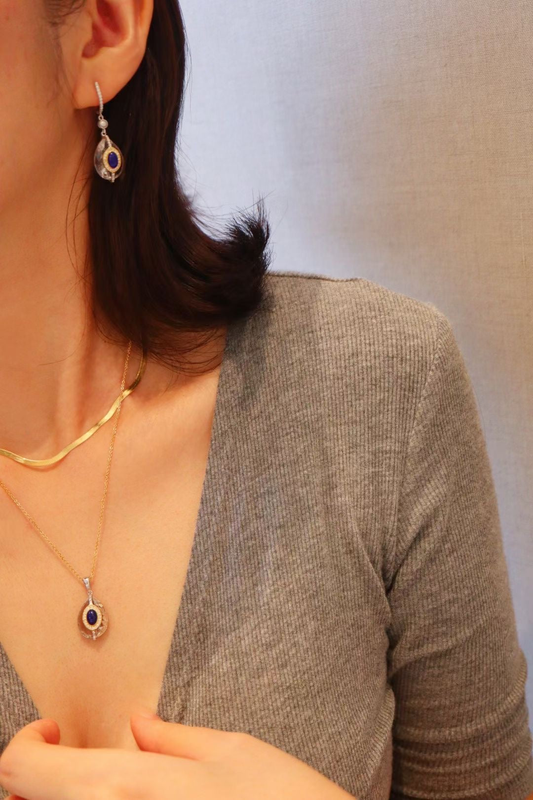 Natural Gemstone Earring/Lapis Lazuli +White Crystal Drop Earrings / Sterling Silver /