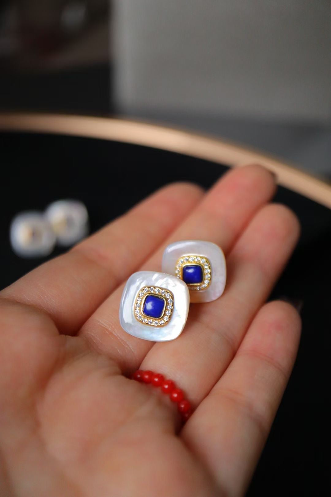 Lapis Lazuli +White Shell Stub Earrings / Sterling Silver /Blue Natural Gemstone Elegant design