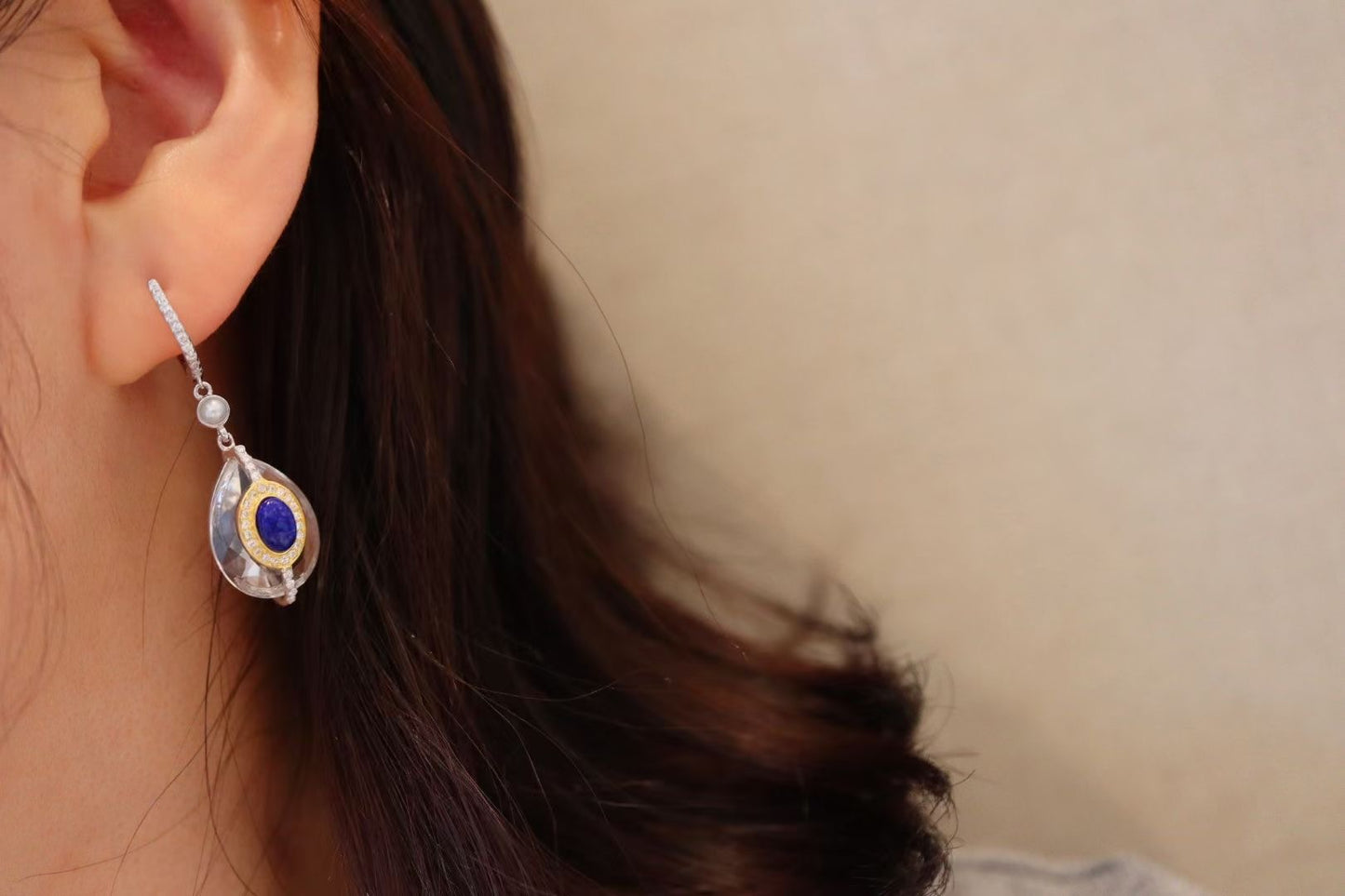 Natural Gemstone Earring/Lapis Lazuli +White Crystal Drop Earrings / Sterling Silver /