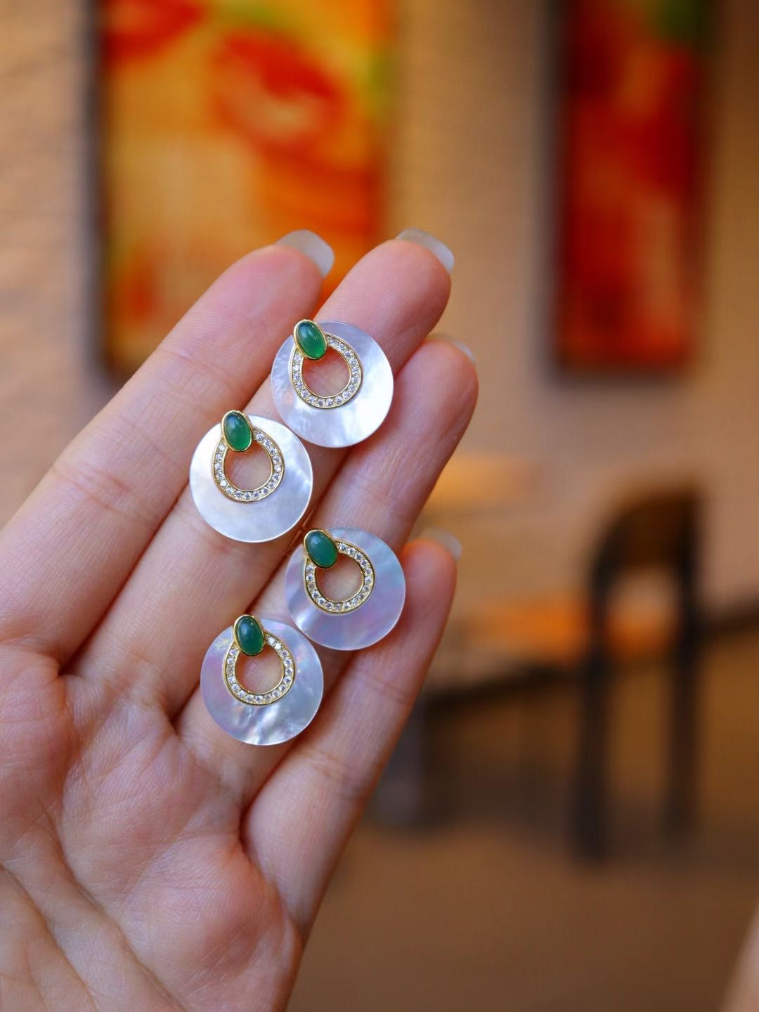 Natural Gemstone Earrings/Emeralds +White Shell Stub Earrings / Sterling Silver /Green Natural Gemstone Elegant design