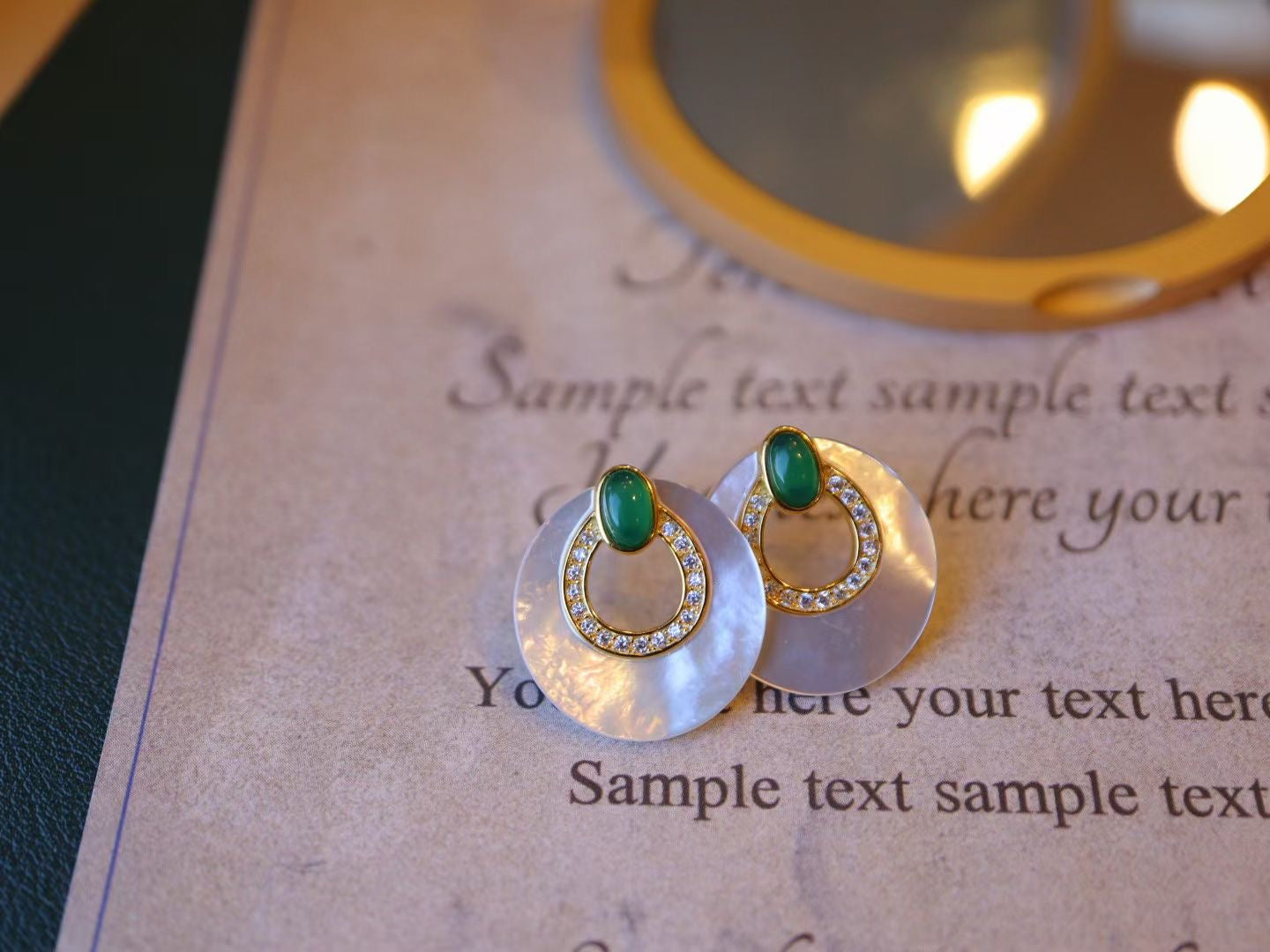 Natural Gemstone Earrings/Emeralds +White Shell Stub Earrings / Sterling Silver /Green Natural Gemstone Elegant design