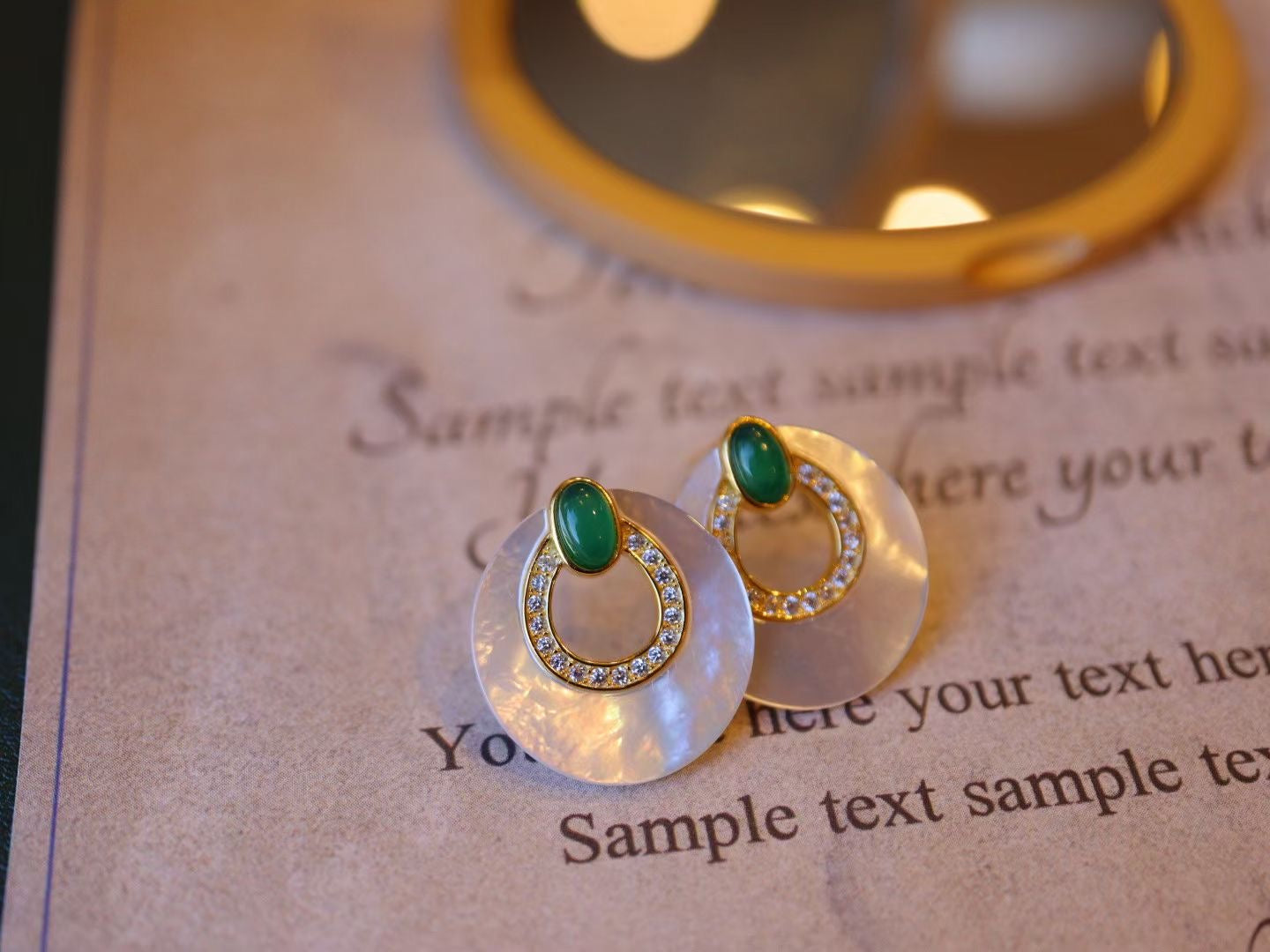 Natural Gemstone Earrings/Emeralds +White Shell Stub Earrings / Sterling Silver /Green Natural Gemstone Elegant design