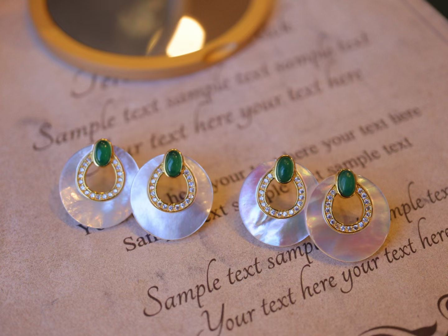 Natural Gemstone Earrings/Emeralds +White Shell Stub Earrings / Sterling Silver /Green Natural Gemstone Elegant design
