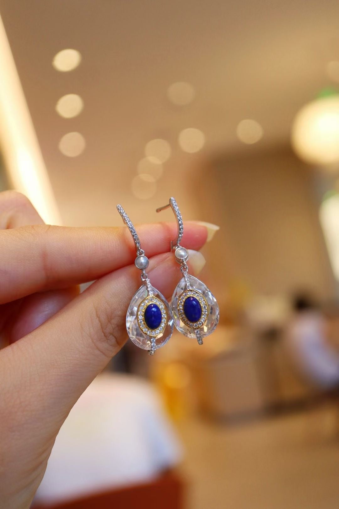 Natural Gemstone Earring/Lapis Lazuli +White Crystal Drop Earrings / Sterling Silver /
