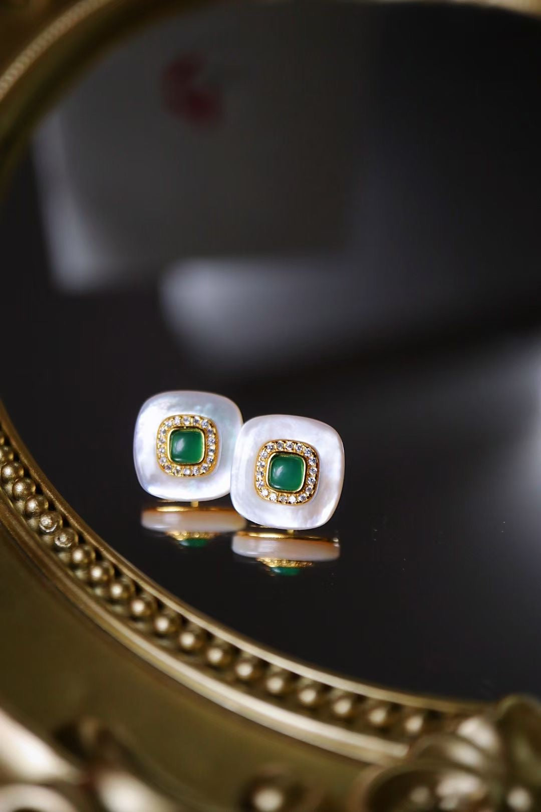 Natural Gemstone Earrings/Emeralds +White Shell Stub Earrings / Sterling Silver /Green Natural Gemstone Elegant design