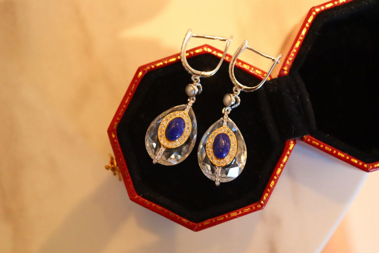 Natural Gemstone Earring/Lapis Lazuli +White Crystal Drop Earrings / Sterling Silver /
