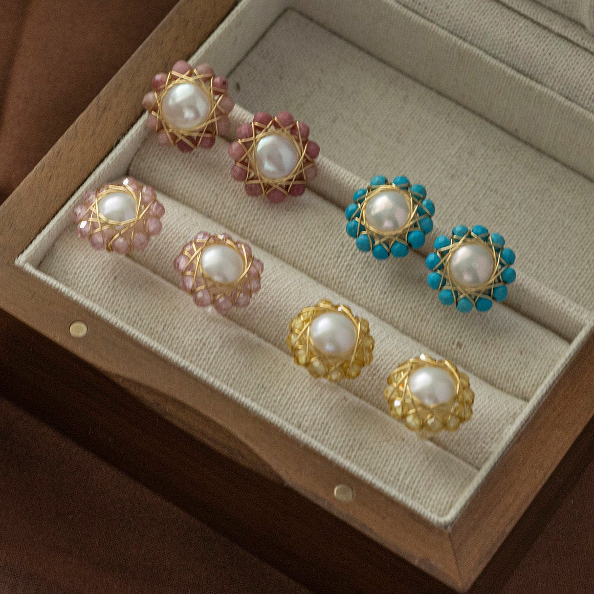 Handmade Bird's Nest Pearl Earrings - Wire Wrapped Natural Crystal Studs