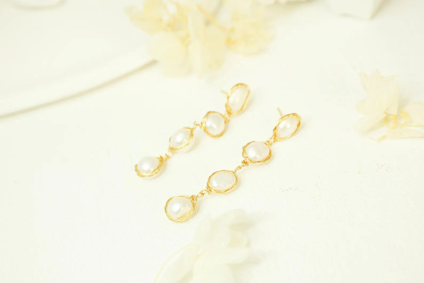 Four-Tiered Baroque Pearl Dangle Earrings - Gold Wire Wrapped Statement Jewelry