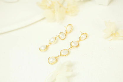 Four-Tiered Baroque Pearl Dangle Earrings - Gold Wire Wrapped Statement Jewelry