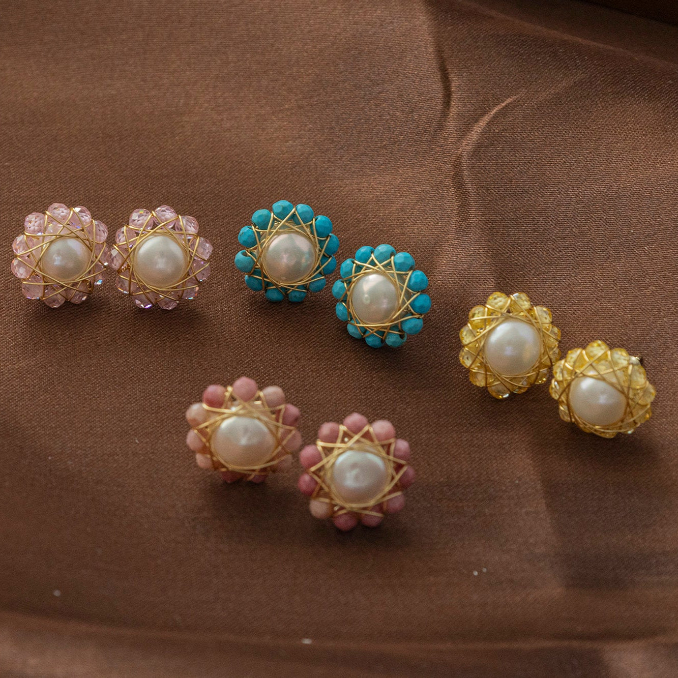 Handmade Bird's Nest Pearl Earrings - Wire Wrapped Natural Crystal Studs