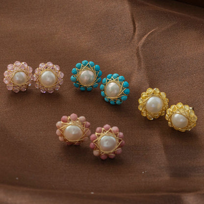 Handmade Bird's Nest Pearl Earrings - Wire Wrapped Natural Crystal Studs