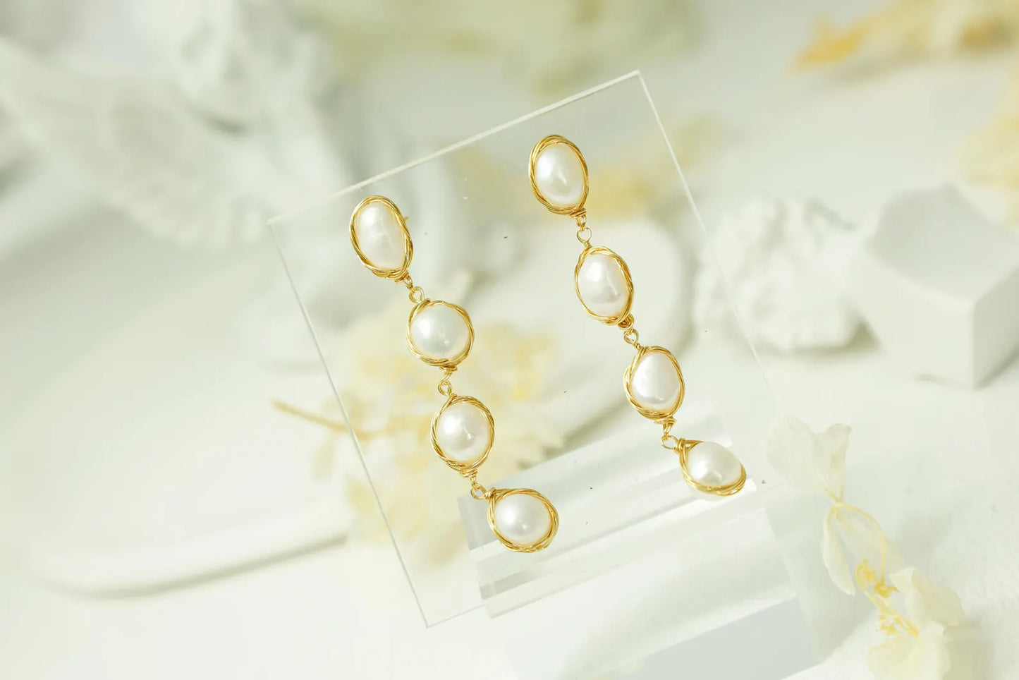 Four-Tiered Baroque Pearl Dangle Earrings - Gold Wire Wrapped Statement Jewelry