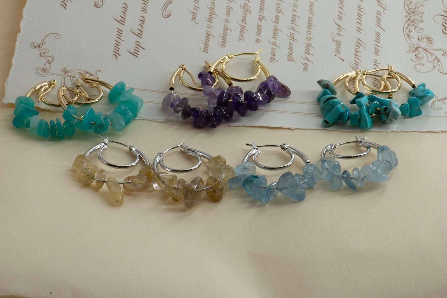 Handmade Gemstone Chip Hoop Earrings - Crafted with turquoise,