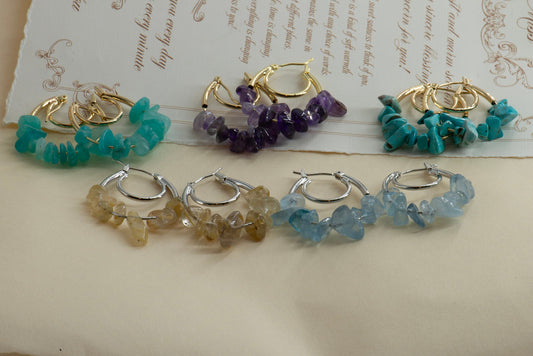Handmade Gemstone Chip Hoop Earrings - Crafted with turquoise,