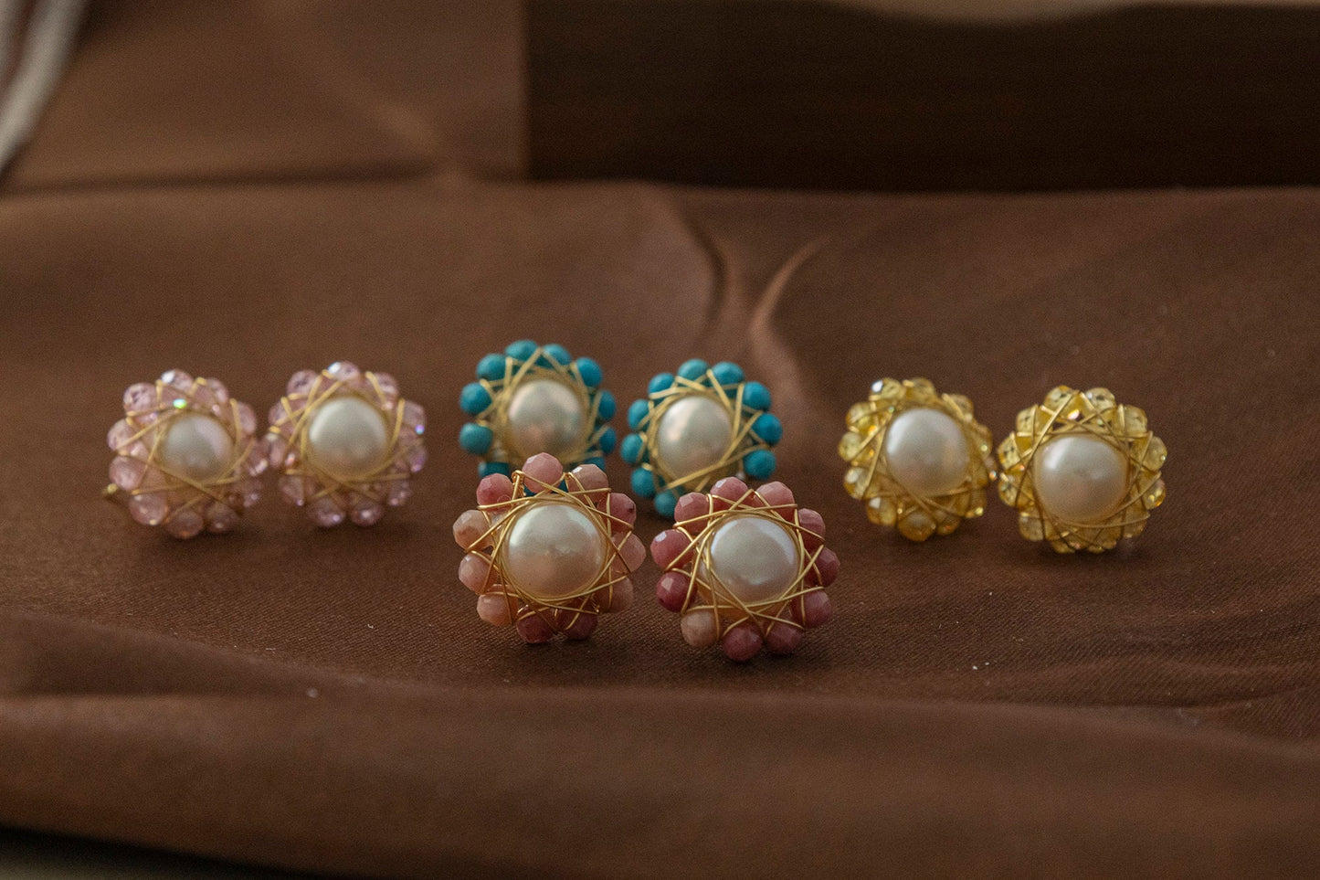 Handmade Bird's Nest Pearl Earrings - Wire Wrapped Natural Crystal Studs